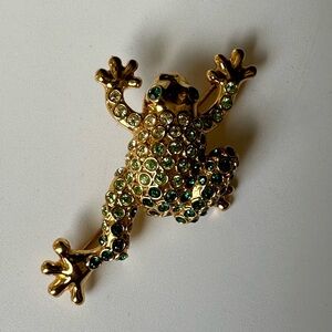 VTG Monet Tree Frog Green Crystal Rhinestone Pin Brooch